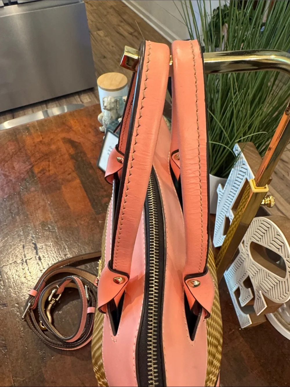 Dooney & Bourke Beacon Woven Embossed Leather Satchel/Crossbody with Pink Trim